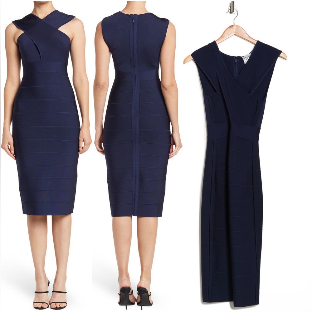 NWT Herve Leger Midi Bandage Dress Cross Neck Halter